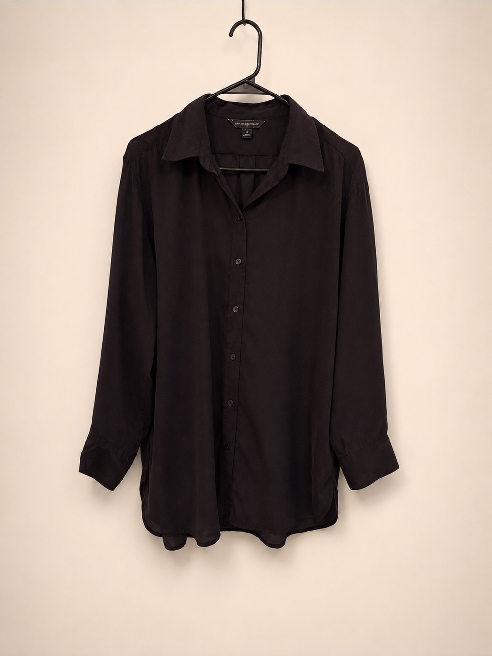 Banana Republic Petite M Black Silky Satin Oversized Button Down Shirt